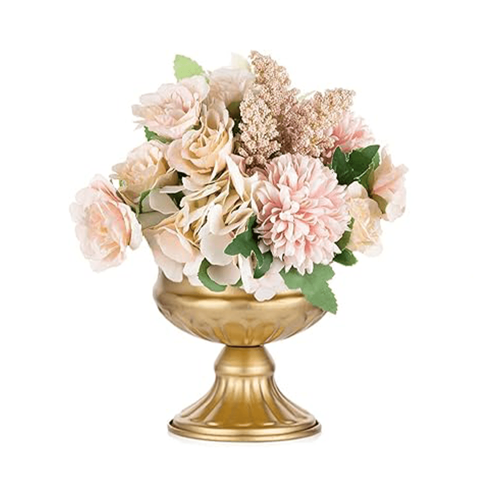 Gold Pedestal Vase with Floral Arrangement