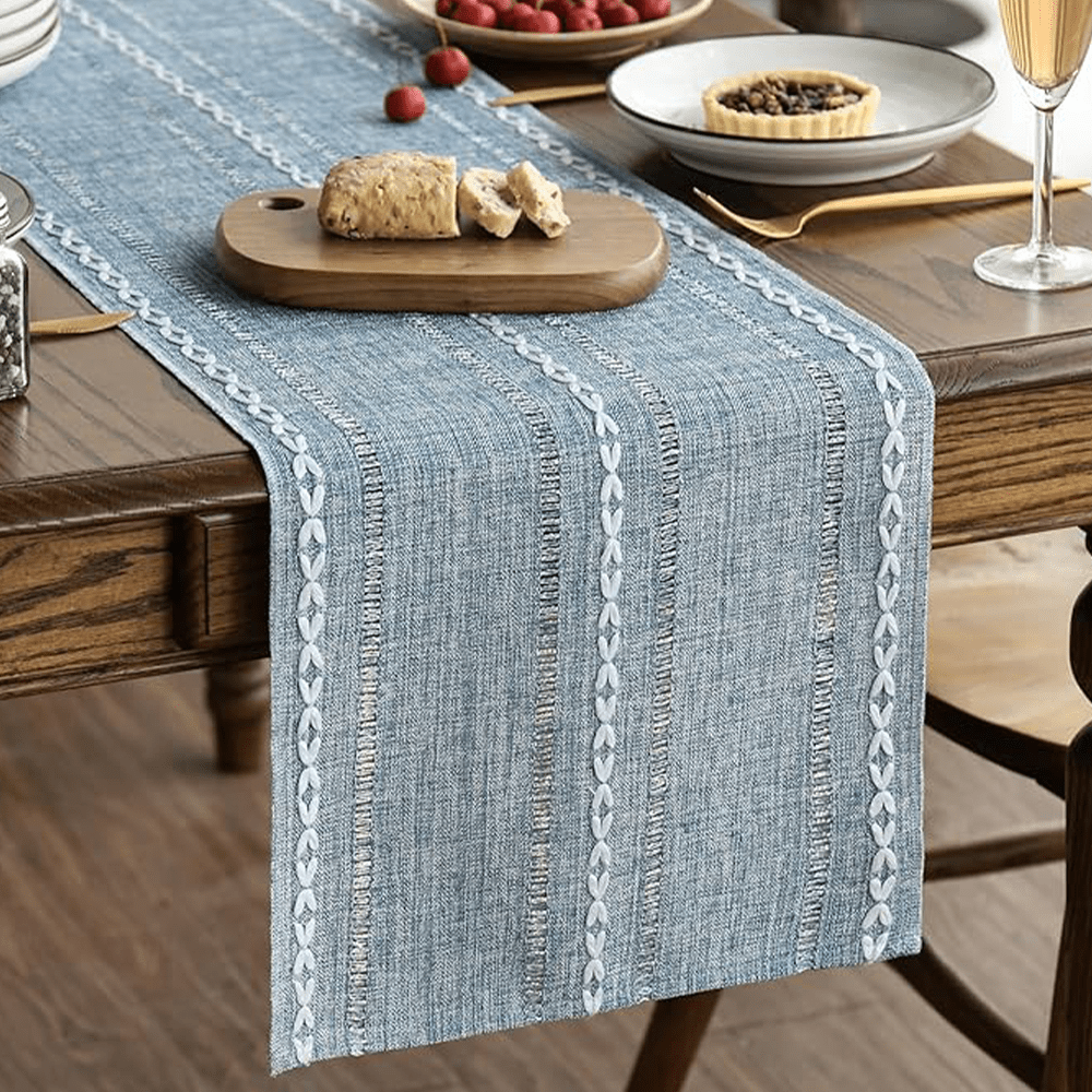 Elegant Blue Cotton Linen Table Runner